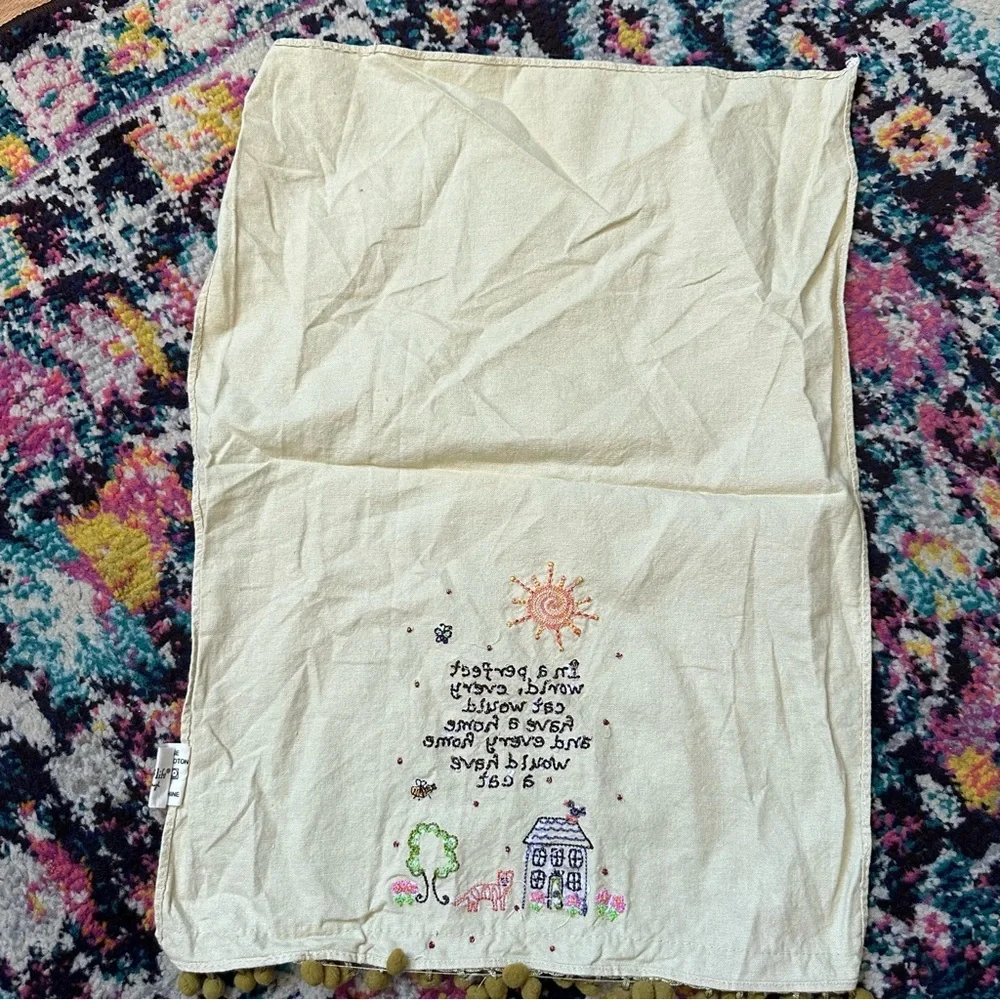 Natural Life Cat Embroidered Pom Pom Trim Linen Hand Towel